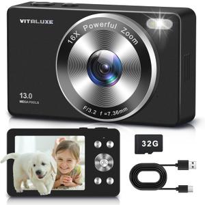 4K Digital Camera, VITALUXE FHD Kids Camera, Real 13MP 16x Zoom Autofocus, 2.83'' LCD Screen, Long Lasting, Compact Small Vintage Camera with 32G Card, Best Gift for Kids, Teens, Girl, Boy, Beginngers (Black)