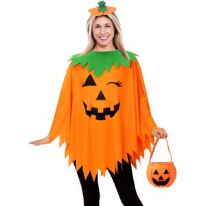 3PCS Halloween Pumpkin Costume for Women,Pumpkin Poncho for Adults with Headband & Bag,Halloween Costume for Women