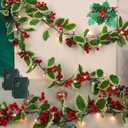 Juegoal 2 Pack Christmas Garlands, 9FT Pre-lit Red Berries & Holly Leaves Garland, Artificial Lighted Garland Battery Operated with Timer, Indoor Outdoor Xmas Fireplace Gate Home Winter New Year Decor