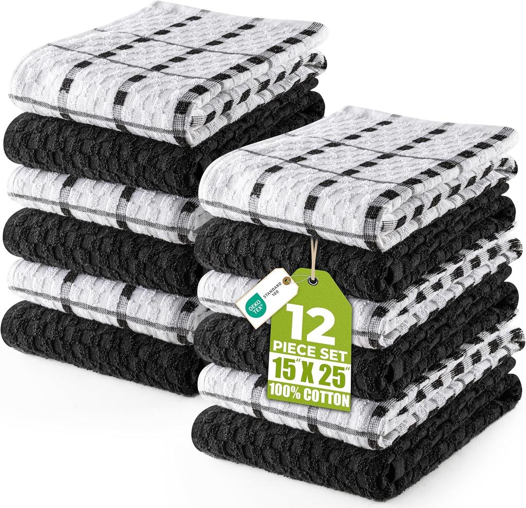 Utopia Towels - Kitchen Towels 12 Pack, 15 x 25 Inches, 100% Ring Spun Cotton Super Soft and Absorbent Linen Dish, Tea and Bar Towels Set, Black