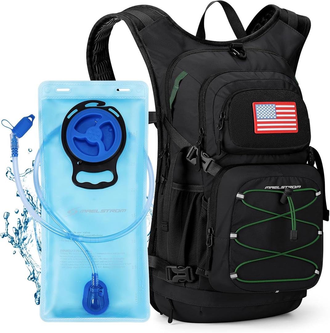 Maelstrom Hydration Backpack, Hiking Backpack with 3L Water Bladder, High Flow Bite Valve Water Backpack Men Women Lightweight Insulation for Hiking, Cycling, Running, Climbing, Camping, Black