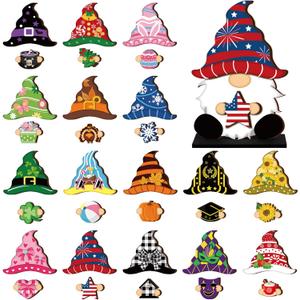 Blulu 34 Pcs Interchangeable Wooden Gnome Decor Summer 4th of July Patriotic Gnomes Welcome Sign Holiday Seasonal Tiered Tray Decor with Magnet Pieces for Gifts Decorations (Stylish)