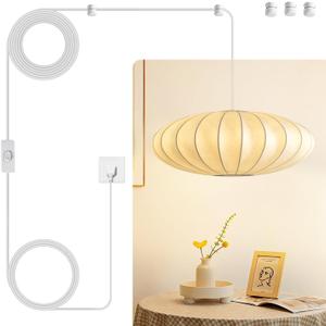 19.7in Plug in Lantern Pendant Light,White Imitation Silk Hanging Light | Wabi Sabi Japanese Saucer Hanging Lamp with 19.7ft Cord,Plug in Chandelier for Dining Room Living Room Bedroom Kitchen Island