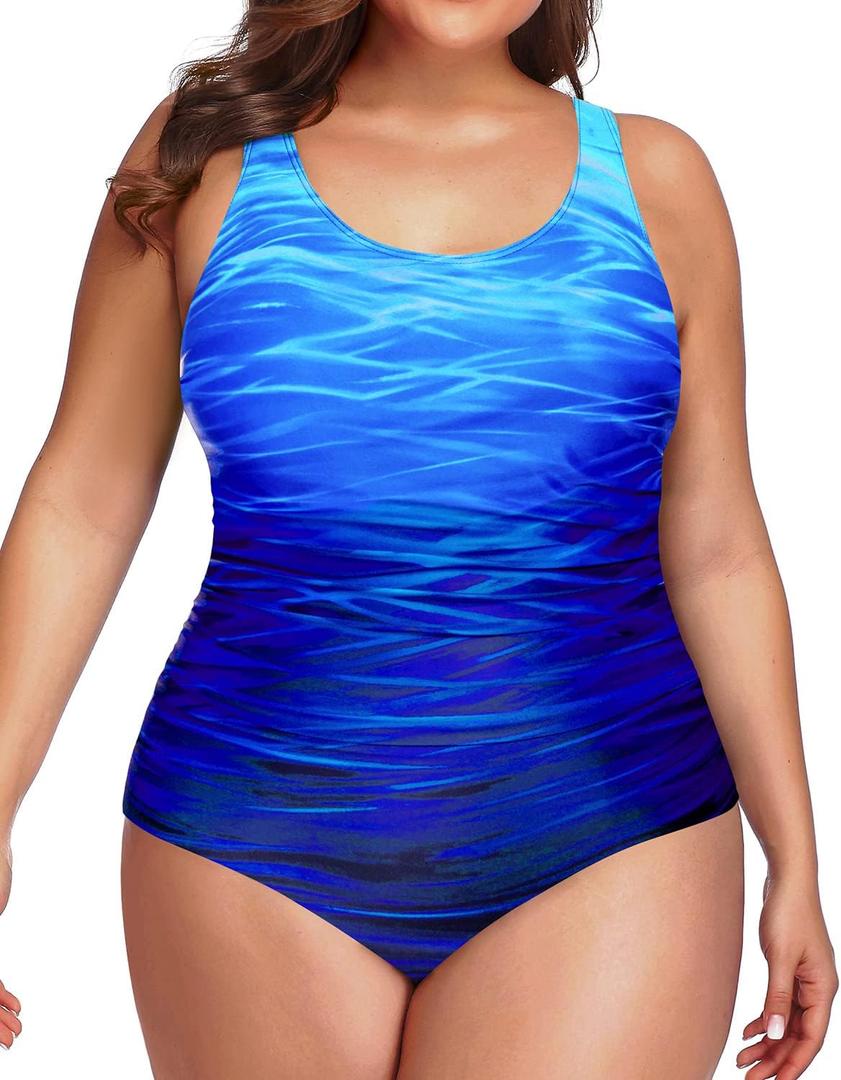 Daci Women Plus Size One Piece Swimsuit Athletic Tummy Control Ruched Bathing Suit with U-Back (Blue, 16W)