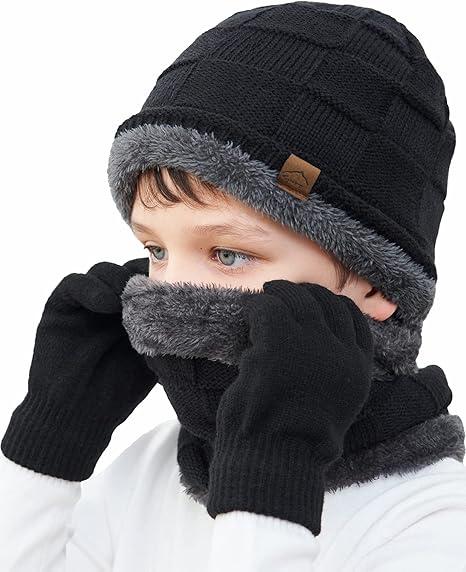 Kids Winter Beanie Hat Scarf Touchscreen  Set for Boys Girls 5-15 Years Warm Skull Cap Fleece Lined Knitted Hat