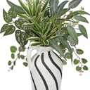 Artificial Greenery Arrangement with Cement Vase, Fake Potted Plants in Rustic Jug Planter, Faux Leaf Bouquet for Table Centerpiece, Farmhouse Home Decor, Dining Room, Living Room, Shelf Decoration