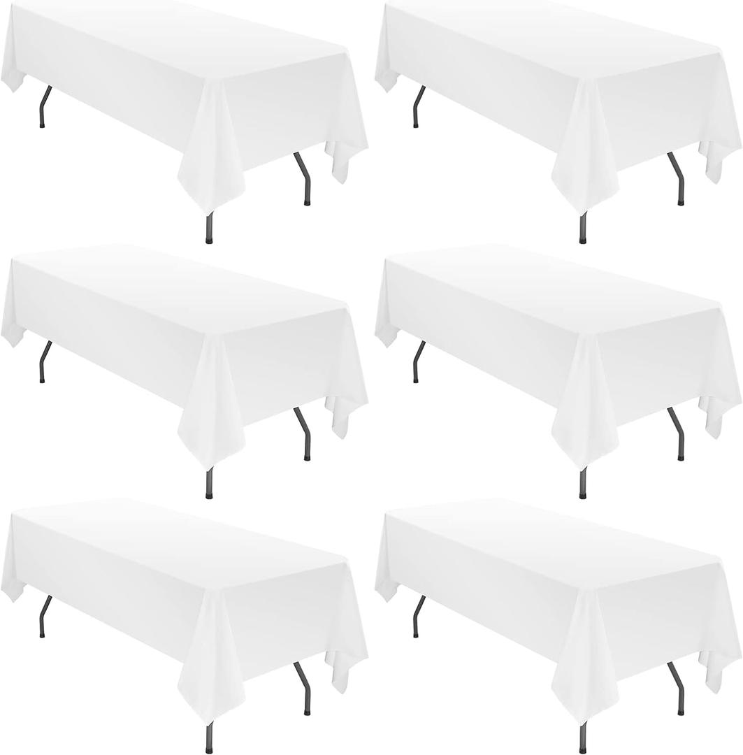 8 x YMHPRIDE 6 Pack White Polyester Tablecloths, 60 x102 inch, Rectangular, Classic, Solid, Wrinkle Resistant, Machine Washable, 6FT Table Covers for Wedding, Party, Banquet, Buffet