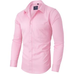Alimens & Gentle Men's Dress Shirts Long Sleeve Wrinkle-Free Stretch Shirts Solid Formal Button Down Shirt with Pocket (L, Pink)