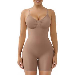 SHAPERX Women's Shapewear Tummy Control Bodysuit with Removable Pads Seamless Sculpting Mid Thigh Body Shaper, S/M-Plus