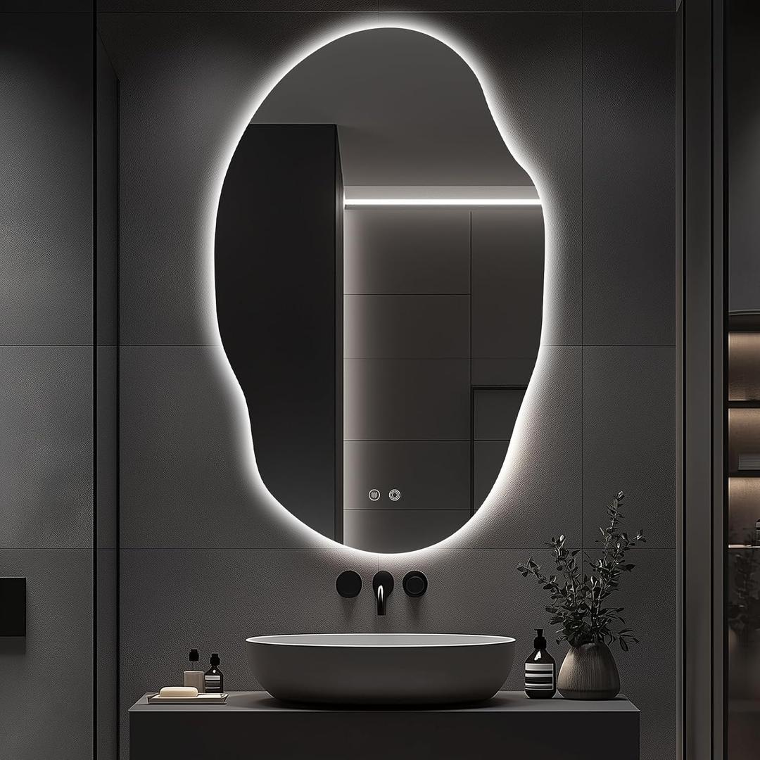 Asymmetrical LED Bathroom Mirror with Lights,Irregular Led Bathroom Vanity Mirror for Wall with Backlit, Anti Fog, 3 Colors and Dimmable Light,[Horizontal/Vertical] 48" H x 30" W