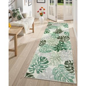 Wonnitar Leaf Washable 2x6 Rug Runner, Tropical Green Bathroom Rugs Runner Kitchen Carpet, Non-Slip Monstera Plant Non-Shedding Low Pile Accent Mat for Hallway Bedroom Closet