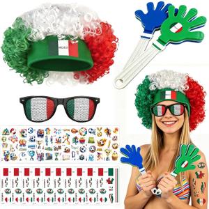 2026 Soccer Patriotic Set, Mexico Flag Color Wig, Party Glasses, 2Pcs Hand Clappers, 22Pcs Waterproof Stickers, Ideal Gift for Football Lovers and Mexico Fans