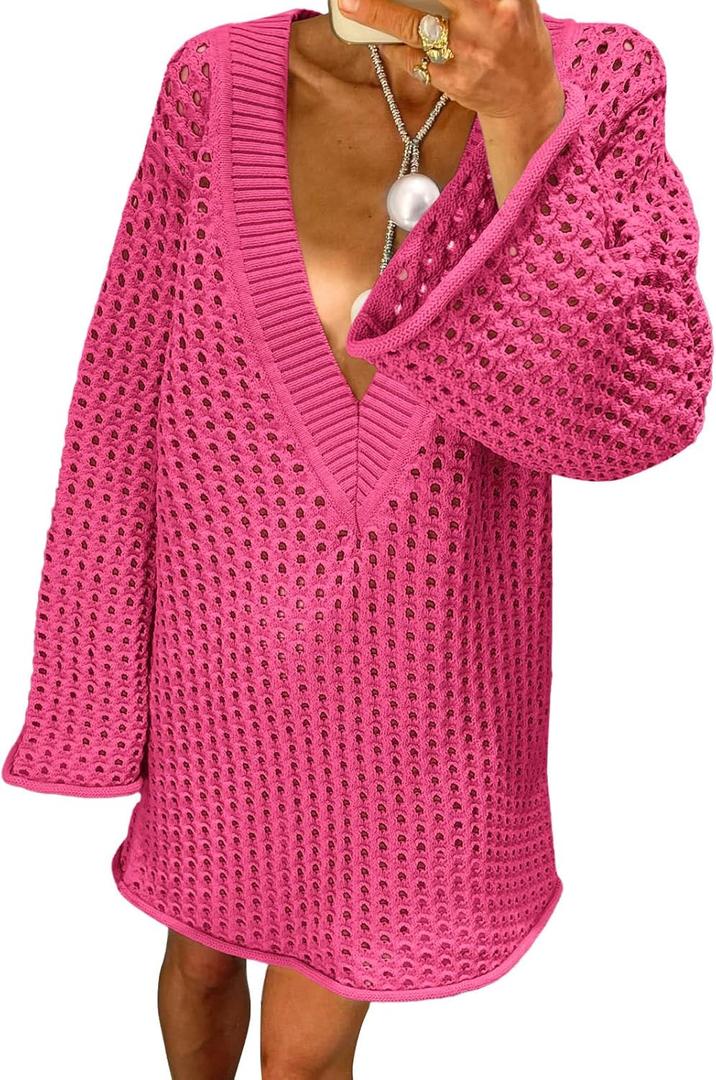 Saodimallsu Women Crochet Cover Up Long Sleeve Deep V Neck Hollow Out Sweater Oversized Beach Mini Dress Bathing Suit Coverup (Pink)
