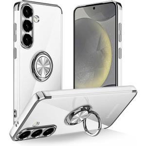 Tnarru Designed for Samsung Galaxy S24 Clear Case with Stand [Magnetic Ring Holder Kickstand] Soft TPU Bumper Non-Yellowing Anti-Scratch Lightweight Slim for Samsung Galaxy S24 Case Silver