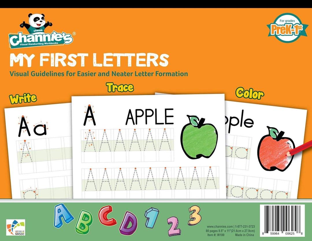 Channies My First Letters, Pre K - Kindergarten Writing Workbook, Fun Way to Practice Letter Tracing for Kids Ages 3-5, Easy to Follow, Color-Coded, 40 Double-Printed Worksheets