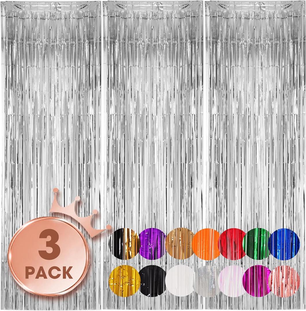 Voircoloria 3 Pack 3.3x8.2 Feet Silver Foil Fringe Backdrop Curtains, Tinsel Streamers Birthday Party Decorations, Fringe Backdrop for 2025 New Years Eve, Graduation, Baby Shower, Gender Reveal