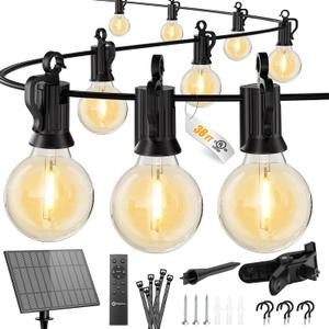 Brightown 38FT Solar String Lights Outdoor with Remote and 16 LED Shatterproof Bulbs, Dimmable & Timable, 3 Light Modes, Solar Patio String Lights Outdoor for Cafe, Garden, Deck, Outside Wedding