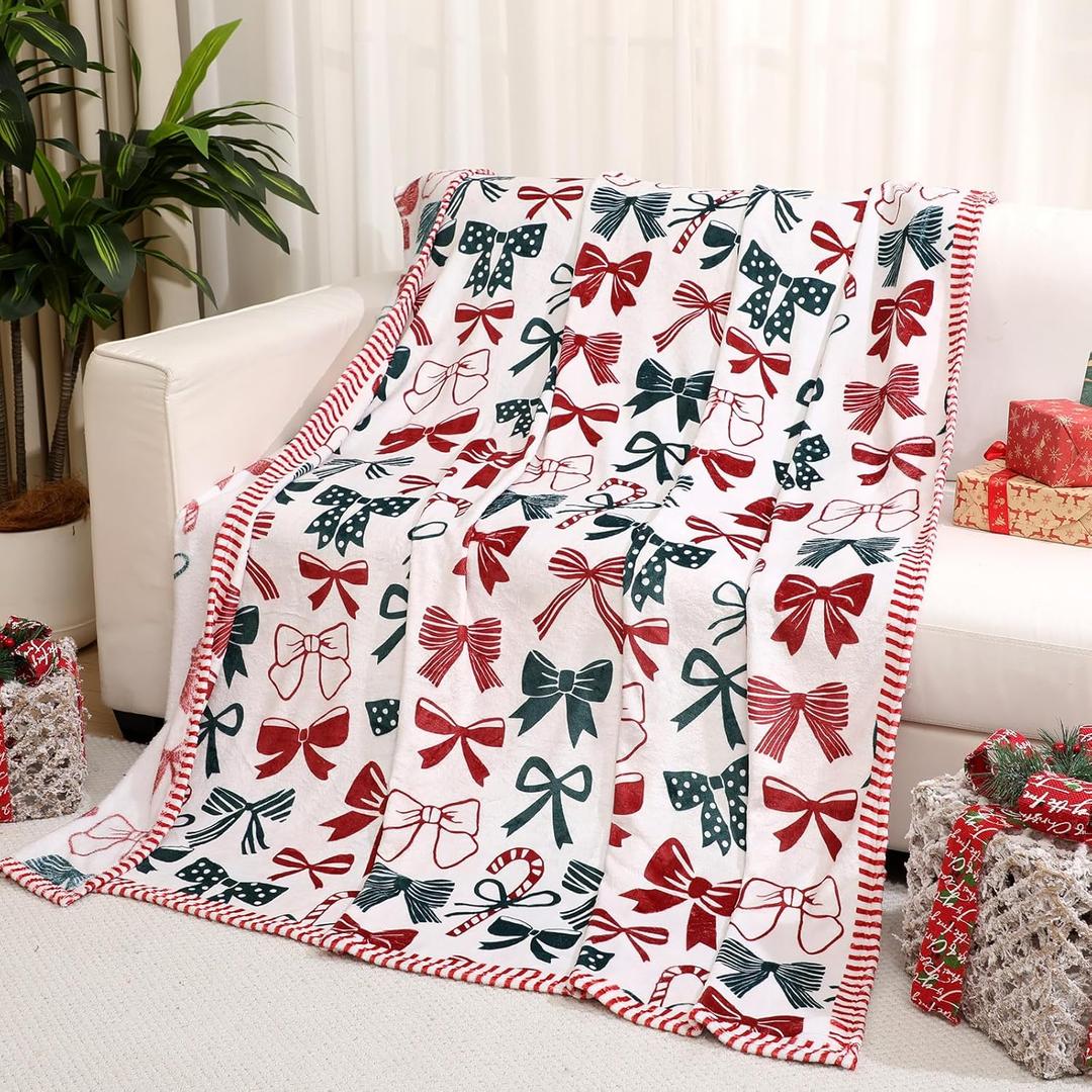 Christmas Bow Throw Blanket Candy Cane Blanket Coquette 60" x 80" Flannel Soft Cute Bow Decor Lightweight Aesthetic Plush Room Decor for Sofa Couch Travel Bed Christmas Decoration