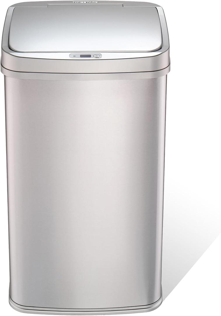 Ninestars 13 Gallon Automatic Trash Can, 50L Touchless Motion Sensor Garbage Can with Odor-Sealing Lid, Rectangular Stainless Steel, Silver Trim