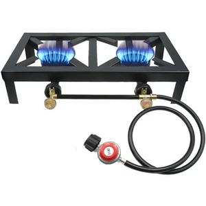 Portable Double Burner Outdoor Gas Stove Propane Cooker with Adjustable 0-20Psi Regulator Hose for Patio Camping, BBQ, Home Brewing, Turkey Fry, Maple Syrup Prep