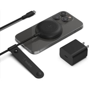 Belkin 7.5W Magnetic Portable Wireless Charger Pad - 6.6ft/2M Long Cable - MagSafe Compatible Charger - iPhone Charger Compatible w/ iPhone 15, iPhone 14, iPhone 13 - Power Supply Included - Black