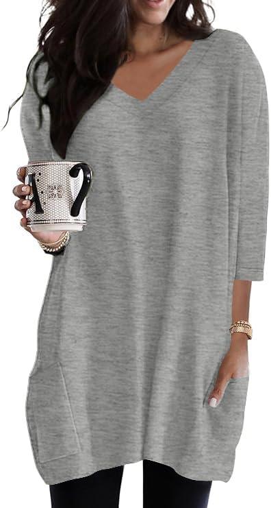 Poetsky Womens Tunic Tops for Leggings with Pockets Vneck 3/4 Length Sleeve Shirt Casual Long T-Shirts S-3XL (S)