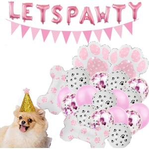 Dog Party Supplies Decorations Cute Dog triangle banner Birthday balloon Lets Pawty Birthday Pink Hat Dog Paw Balloons for Dog bone Party Decorations
