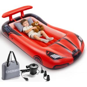 Inflatable Toddler Travel Bed with Safety Bumpers & 2 Mins Auto Inflation Pump, Portable Toddler Kids Air Mattress with Carry Bag for Home Grandma's Sleepovers Travel Camping, 330lbs Support (Red)