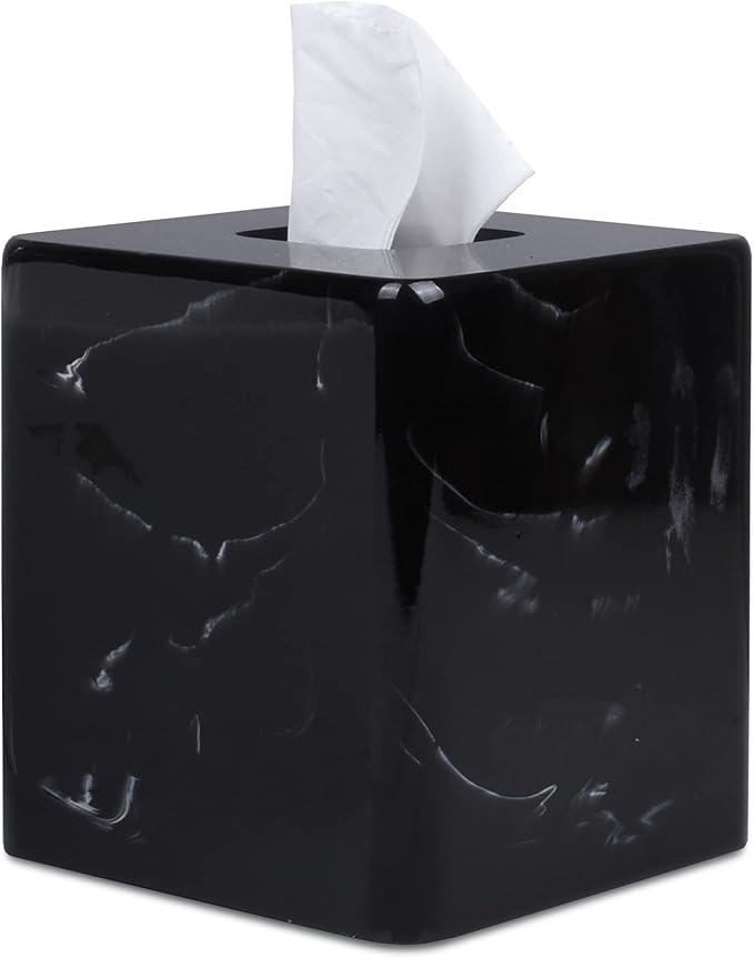 JUNGFORD Square Tissue Box Cover, Facial Napkin Holder for Living Room Office Bathroom, Marble Pattern Made of Resin (Black)