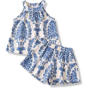 Girls Summer Outfits 2 Piece Halter Neck Floral Sleeveless Top and Short Pants Set Clothes for Kids Size 4-8 Years (Blue)