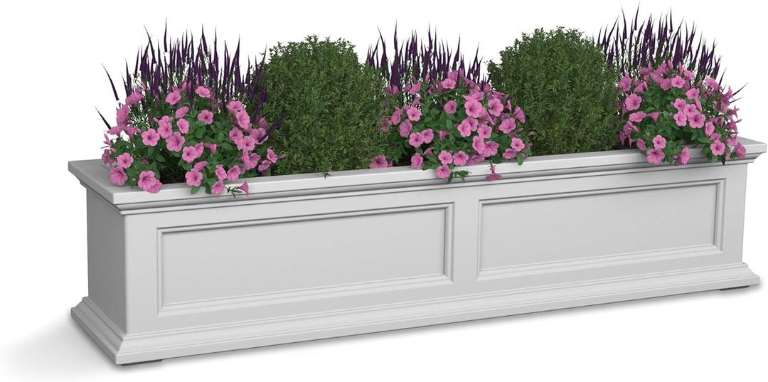 Mayne Fairfield 4ft Window Box - White - Durable Self Watering Resin Planter with Wall Mount Brackets, Plastic (5823-W)