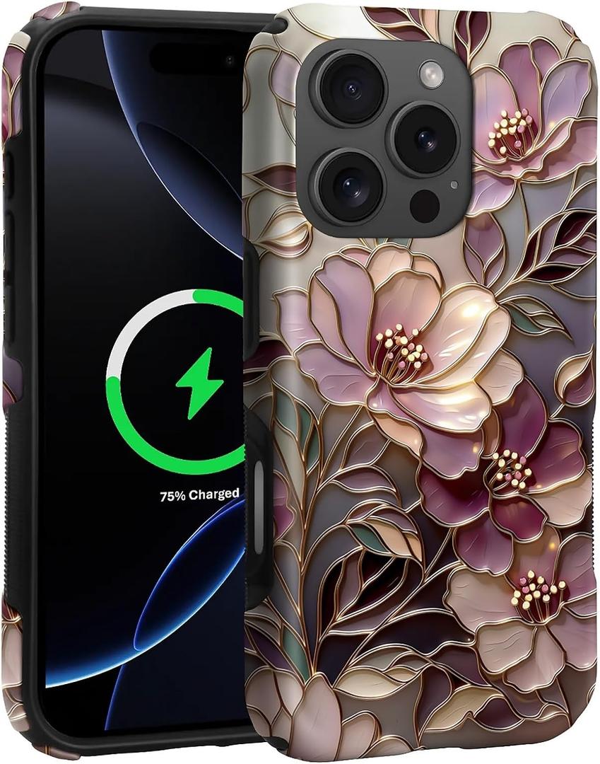 DAIZAG Magnetic Case for iPhone 16 Pro Max,Romantic Floral Stained Glass Full-Body Design,Compatible with MagSafe Upgrade Hybrid Dual Protection Soft TPU Hard PC,Scratch proof Phone Case for Men Women