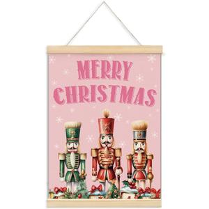 ShowDraven Pink Christmas Nutcrackers Wall Art Decorations Hanger Frame, Outdoor Indoor Merry Christmas Wall Decor for Kitchen Bedroom Bathroom Office, 12x16 Inch