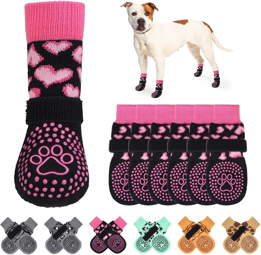 KOOLTAIL Anti Slip Dog Socks for Hot/Cold Pavement to Prevent Licking Paws, Dog Boots&Paw Protector with Grippers for Hardwood Floors,Pink Heart Valentine's Socks Booties for Large Dogs L