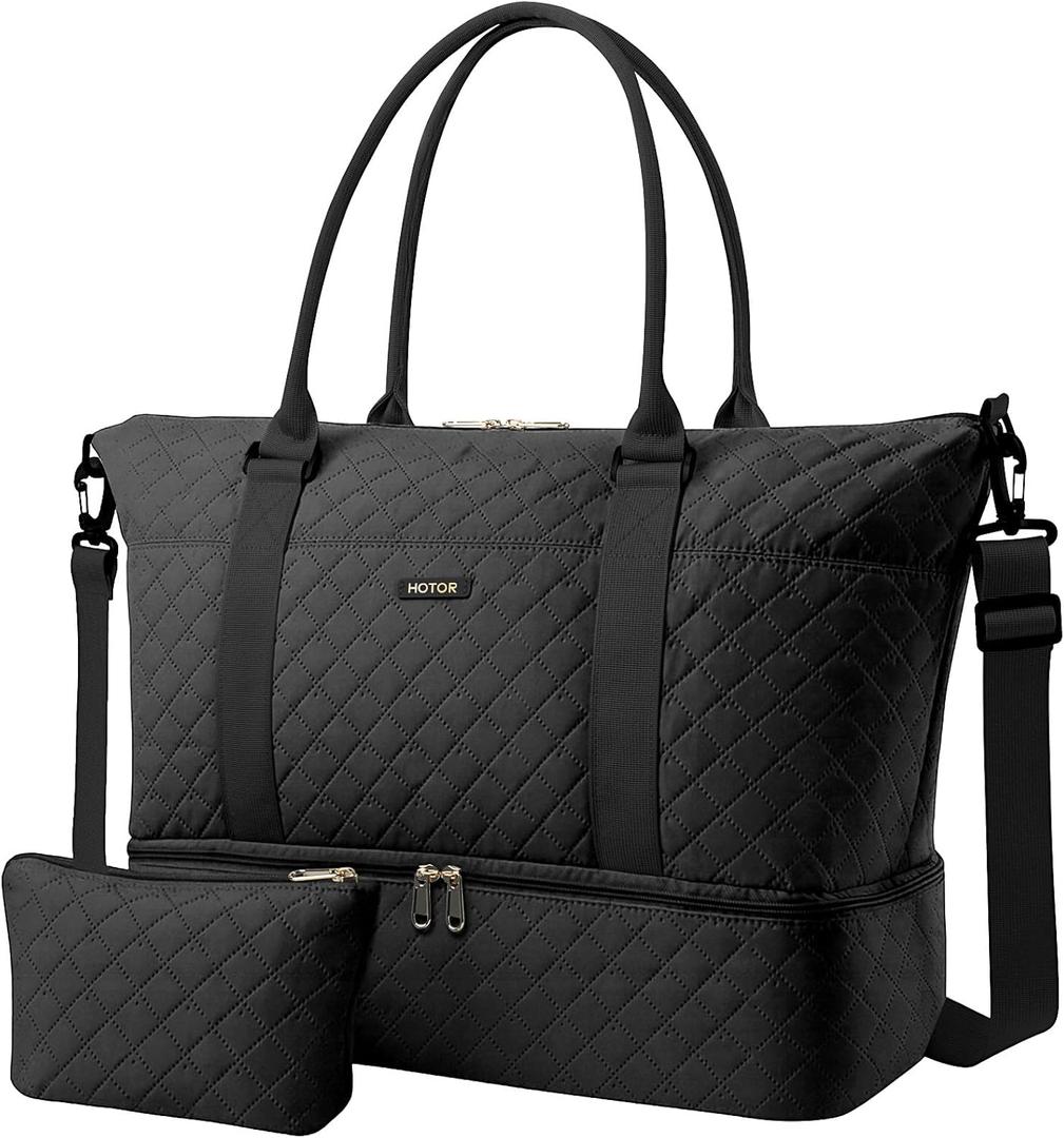 HOTOR Travel Duffel Bag - Weekender Bags for Women, Gym Tote Bags with Shoe Compartment, Carry On Overnight Bag with Toiletry Bag for Travel Essentials and Travel Accessories, Black, 13.4"17.3"7.9"