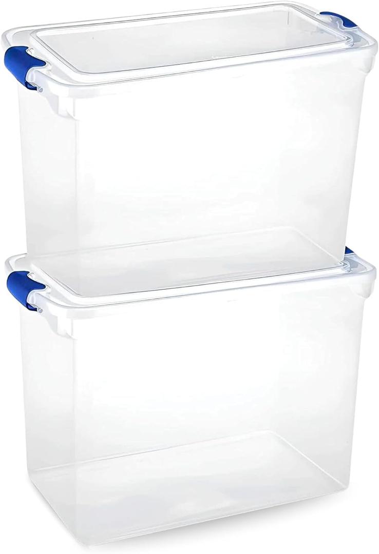 HOMZ 2-Pack Latching Lid, Clear Plastic Storage Organizer Bins, 112 Quart, Blue Latch - Stackable Organizing Containers for Home, Garage, and Office