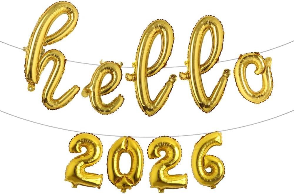 Multicolor Hello 2026 Number Balloon, 2026 New Years Decorations for 2026 Happy New Year Eve Christmas and Graduations Party Supplies (L HELLO 2026 Gold)