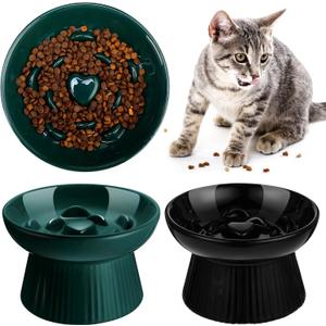 Tioncy 2 Pcs Raised Cat Slow Feeder Bowl Ceramic Elevated Cat Dog Food Bowl No Spill High Edge for Dry Wet Food and Water Easy to Clean, Dishwasher Safe (Dark Green,Black)