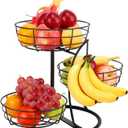 Fruit Basket Bowl with Banana Hanger, Fruit Vegetable Storage Basket with Banana Tree Holder for Kitchen Counter, Detachable Organizer for Bread Snack Produce (Black, 3-Tier Metal Base)