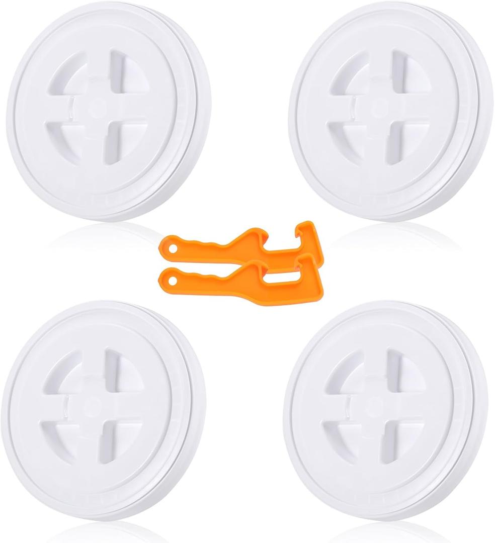 4 Pieces 5 Gallon Bucket Lid with Bucket Lid Opener,Plastic Storage Bucket Leak-Proof Screw Seal Lids,Pet Food Storage Container Lid for Home Paint Storage Buckets (White)