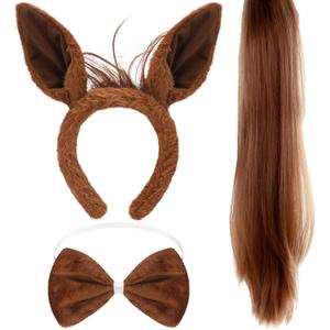 3 Pcs Horse Ears Headband and Tail Bow Tie Halloween Horse Costume Brown Accessory Set for Adult Halloween Animal Cosplay Party