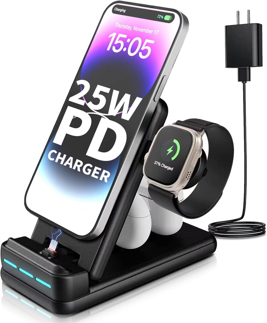 MSTJRY Fast Charging Station for Apple iPhone Multiple Devices - 4 in 1 Foldable 25W PD Charger Stand for iPhone 14/13/12/11/X/8, for Apple Watch, Dual Charging Connector for Air Pods & Earbuds