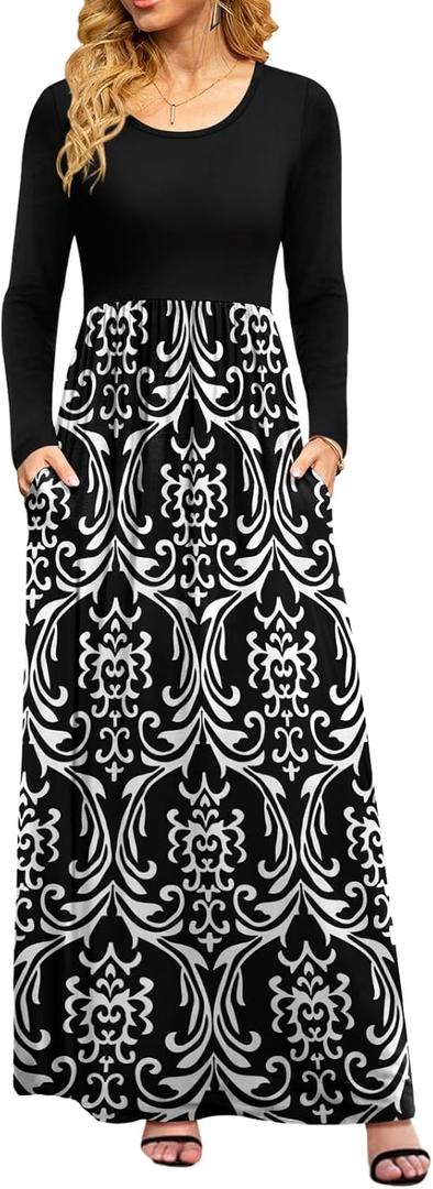 DB MOON Women Casual Long Sleeve Maxi Dresses Empire Waist Long Dress with Pockets (Large, Black and White)