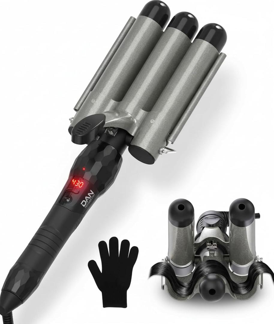 Three Barrel Curling Iron 1 Inch with LED Display, 15 Heat Settings 180-430F, Tourmaline Ceramic Triple Hair Waver for Beach Waves, Dual Voltage 110-240V, Auto Shut-Off, Glove Included, Gray