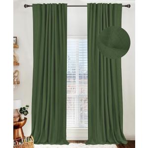 100% Blackout Shield Linen Blackout Curtains for Bedroom 90 Inches Long, Back Tab/Rod Pocket Living Room Drapes, Thermal Insulated Blackout Curtains 2 Panels Set, 50" W x 90" L, Moss Green
