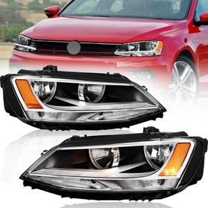 Pair Headlights Assembly OE Replacement Compatible for 2011-2018 Volkswagen Jetta Halogen Clear Lens Chrome Housing Amber Reflector Front Lamps Left and Right Side #5C7941005