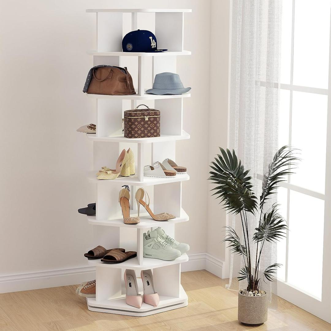 Redkey Rotating Shoe Rack Tower - 7-Tier Spinning Shoe Display with Non-Slip Foot Mats - Revolving 360 Shoe Rack Storage - Handbag Rotate Tower Closet Organization - White