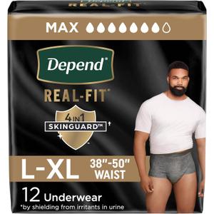 Depend Real Fit Adult Diapers, Incontinence Underwear for Men, Disposable, Maximum Absorbency, Large/Extra Large, Grey, 12 Count, Packaging May Vary