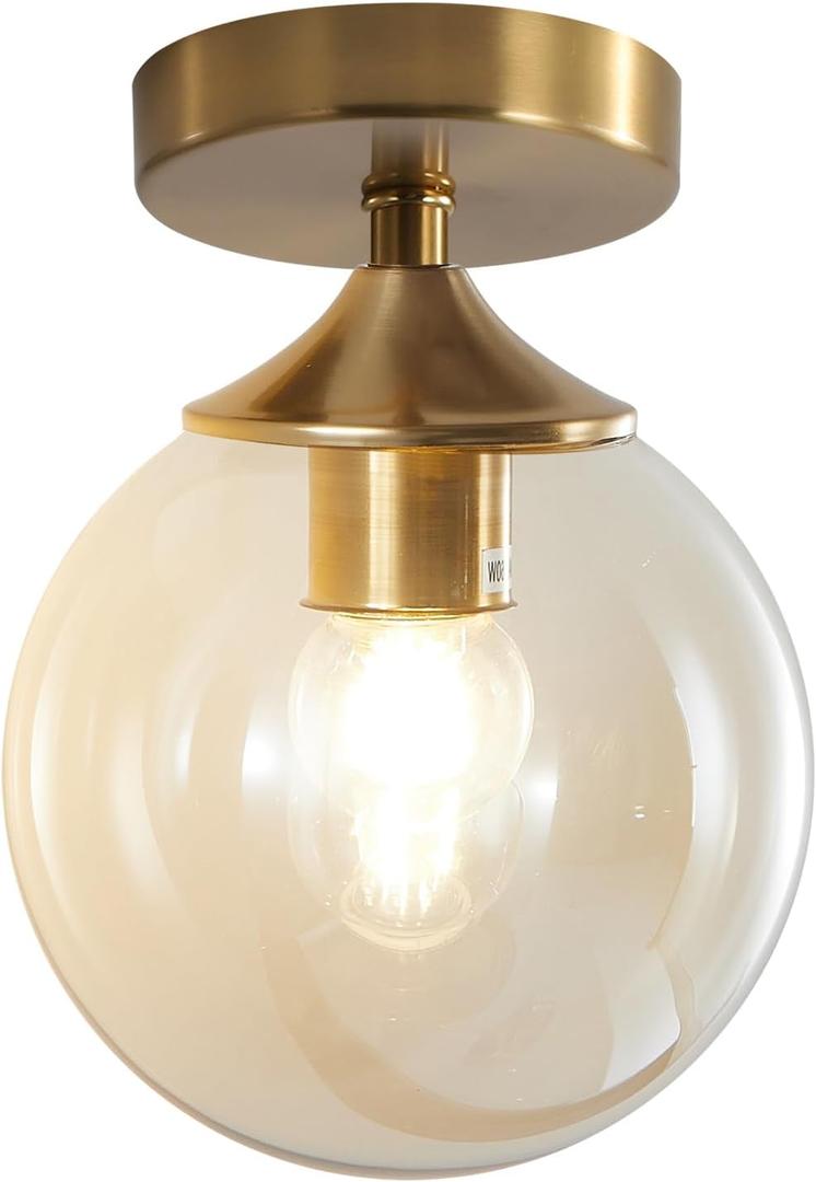 KCO Lighting Amber Glass Globe Flush Mount Ceiling Light Antique Brass Semi Flush Mount Ceiling Light Small Hallway Light Fixtures Ceiling