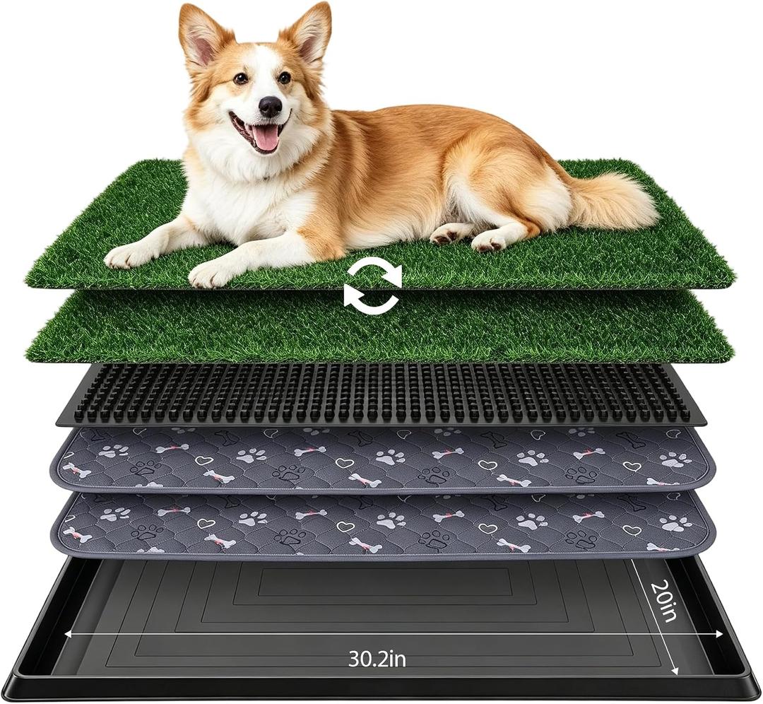 PAWISE Dog Grass Pad with Tray 30"x20" - Indoor Dog Potty with 2 Artificial Grass Patches + 2 Washable Pee Pads + Drainage Grate - Reusable Puppy Potty Training Pad for Apartment Balcony Patio